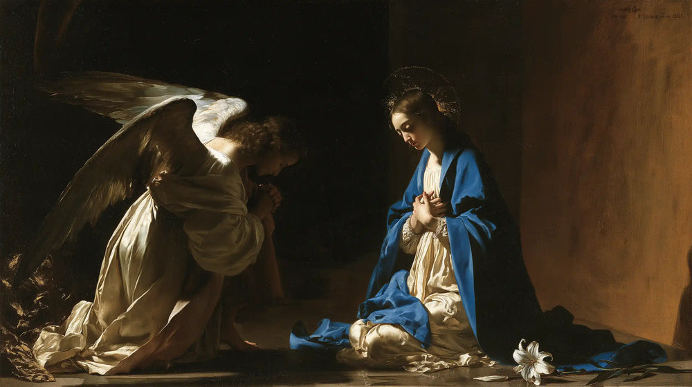 the Annunciation in black and gold in Black and Gold style, landscape Christian artwork no. 10