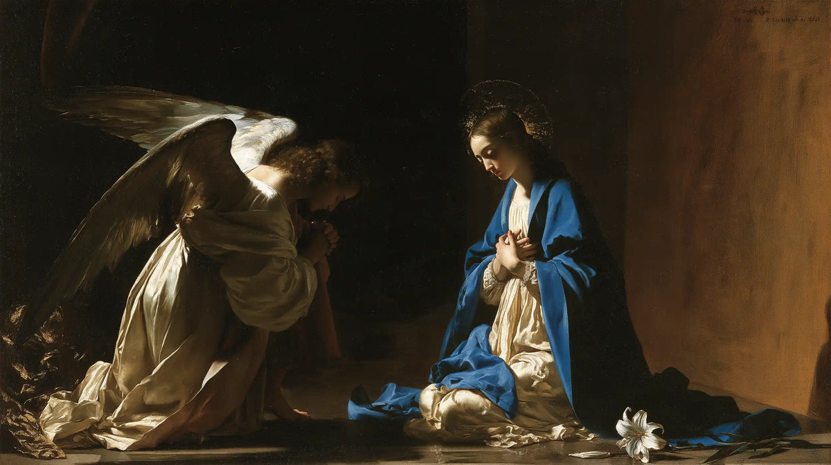 the Annunciation in black and gold in Black and Gold style, landscape Christian artwork no. 10