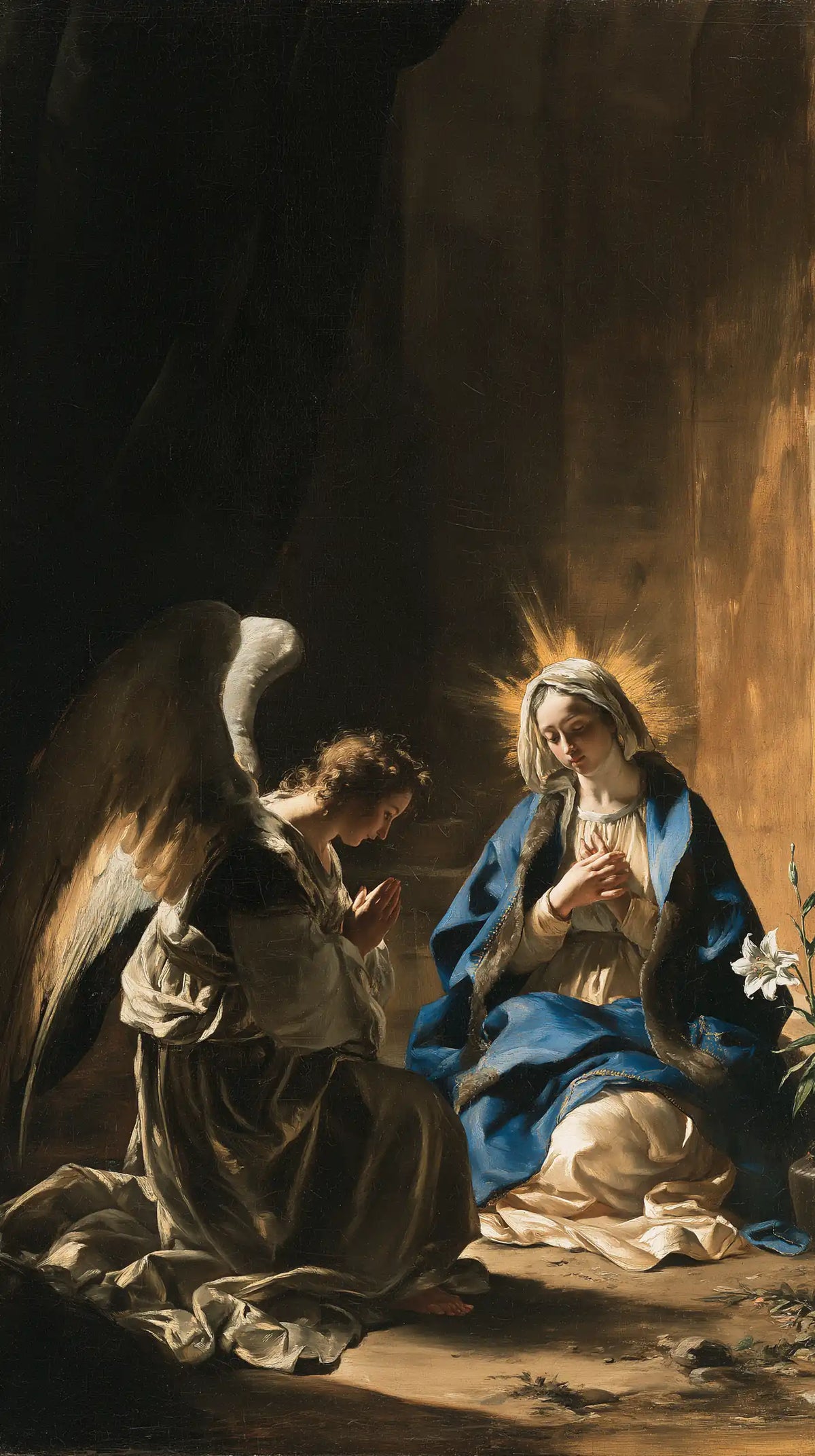 the Annunciation in black and gold in Black and Gold style, portrait Christian artwork no. 9