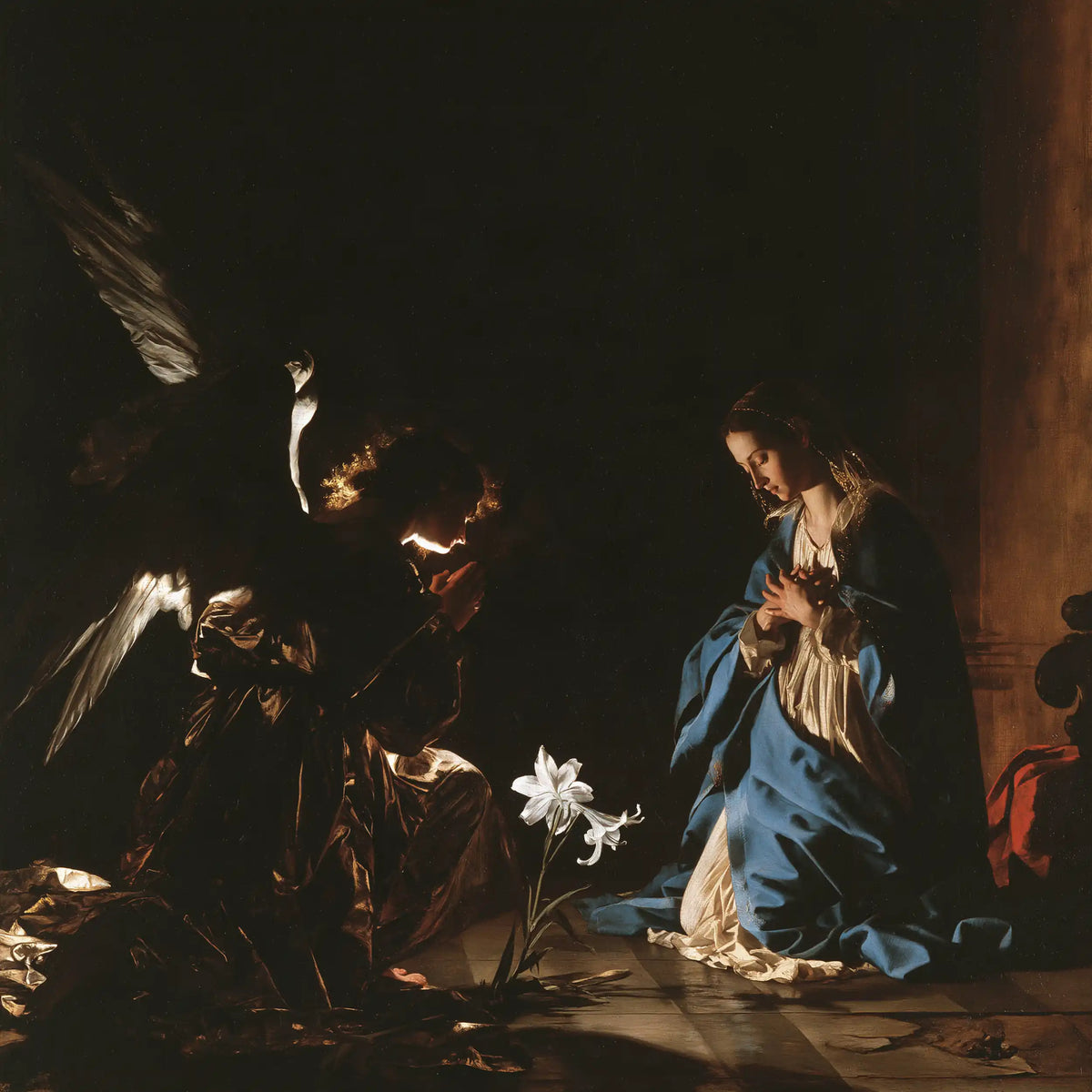 the Annunciation in black and gold in Black and Gold style, square Christian artwork no. 6