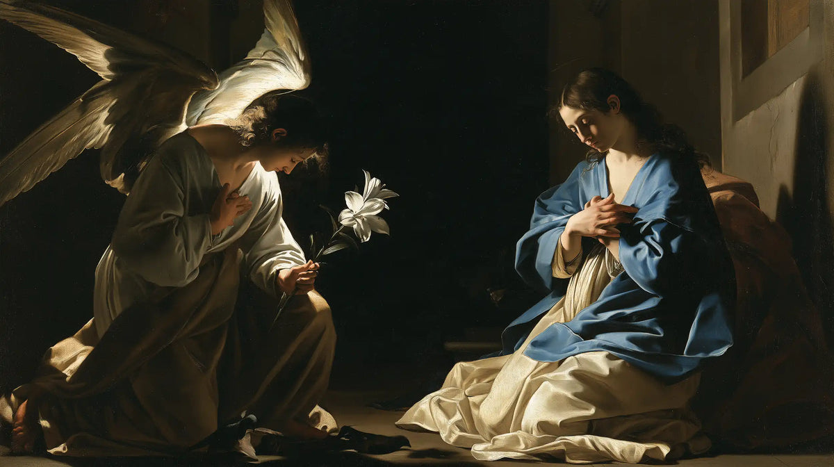 the Annunciation in dramatic chiaroscuro in Caravaggio Tenebrism style, landscape Christian artwork no. 5