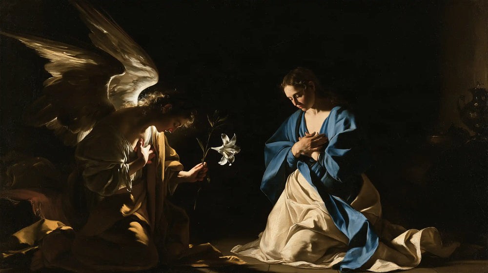 the Annunciation in dramatic chiaroscuro in Caravaggio Tenebrism style, landscape Christian artwork no. 6