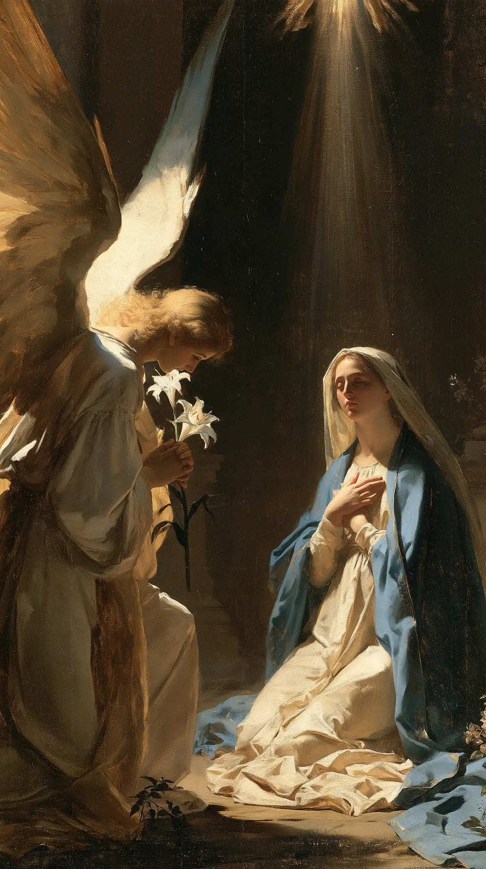 a celestial Annunciation in blue, ivory and gold in Celestial Annunciation in Blue, Ivory and Gold style, portrait Christian artwork no. 8