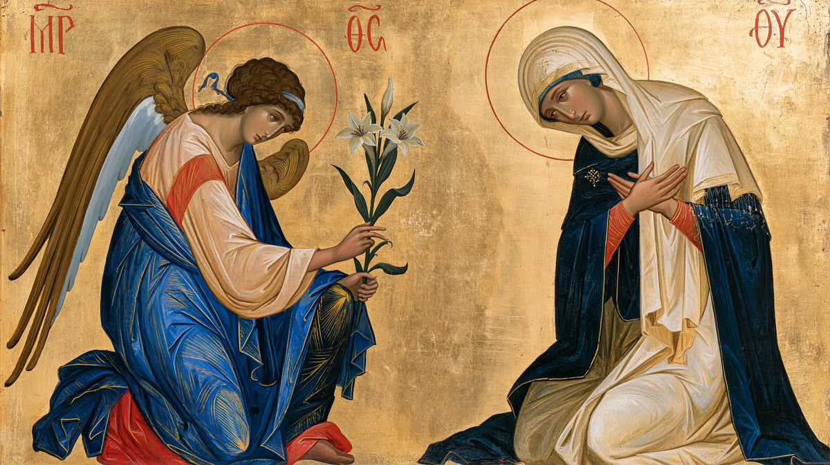 the Annunciation in a contemporary Byzantine icon in Contemporary Byzantine style, landscape Christian artwork no. 4