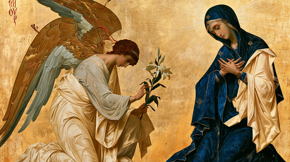 the Annunciation in a contemporary Byzantine icon in Contemporary Byzantine style, landscape Christian artwork no. 10