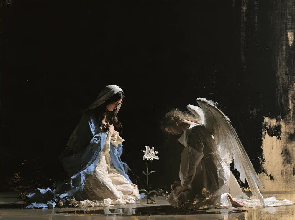 the Annunciation in a minimalist composition in Contemporary Minimalism style, landscape Christian artwork no. 4
