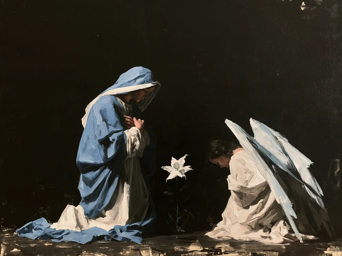 the Annunciation in a minimalist composition in Contemporary Minimalism style, landscape Christian artwork no. 6