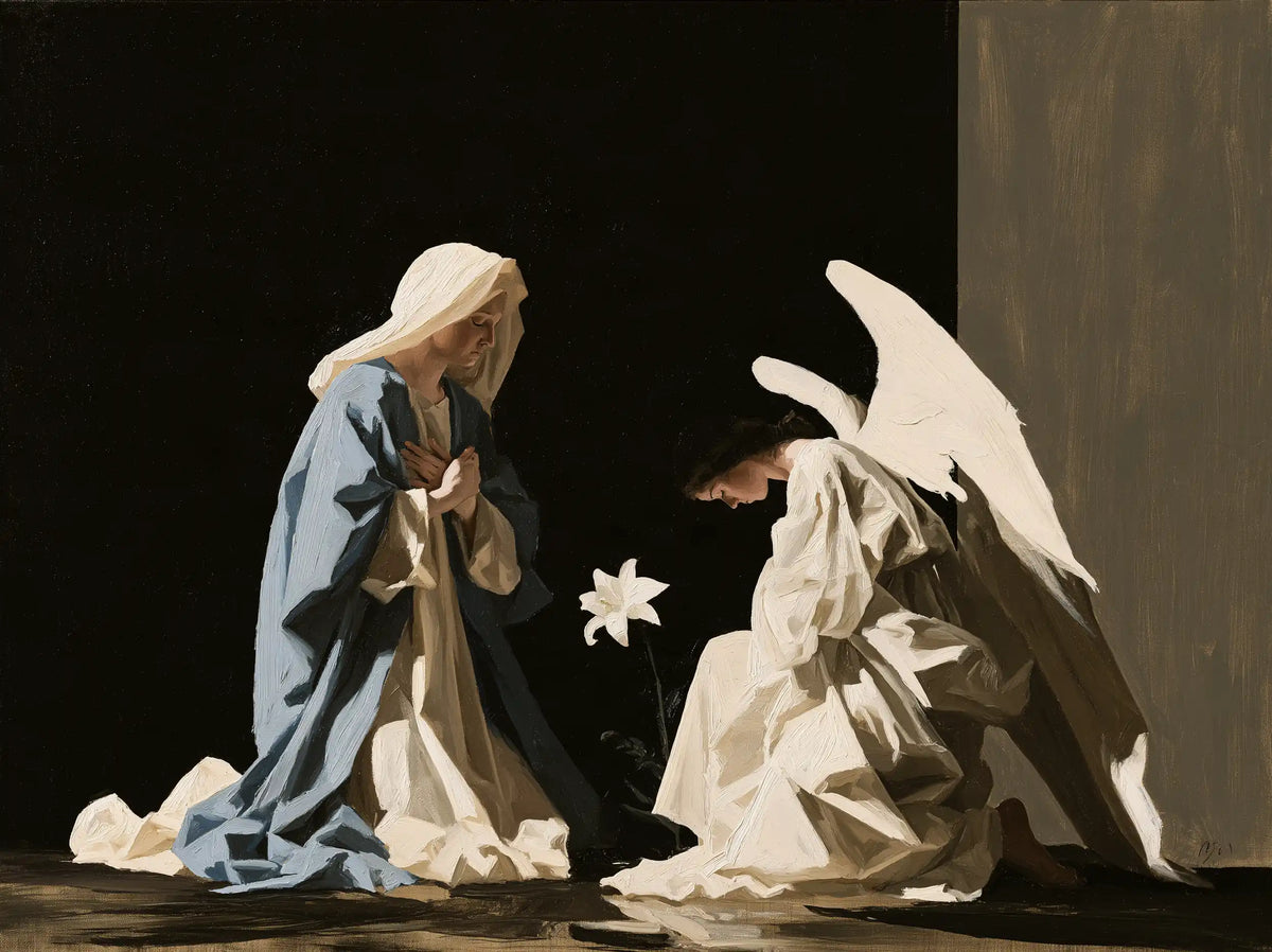 the Annunciation in a minimalist composition in Contemporary Minimalism style, landscape Christian artwork no. 7