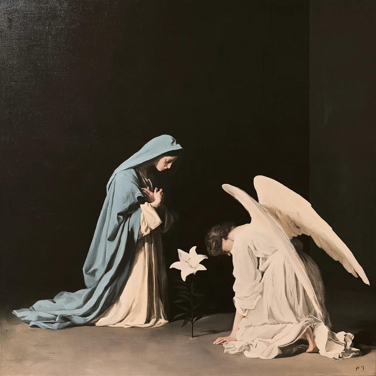 the Annunciation in a minimalist composition in Contemporary Minimalism style, square Christian artwork no. 4