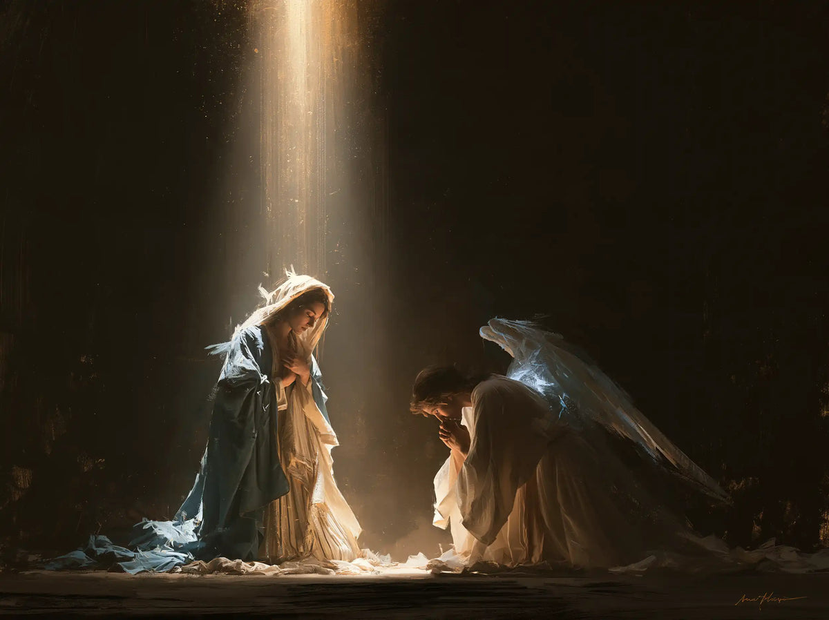 divine light descending upon Mary at the Annunciation in Divine Light Descending upon Mary style, landscape Christian artwork no. 6