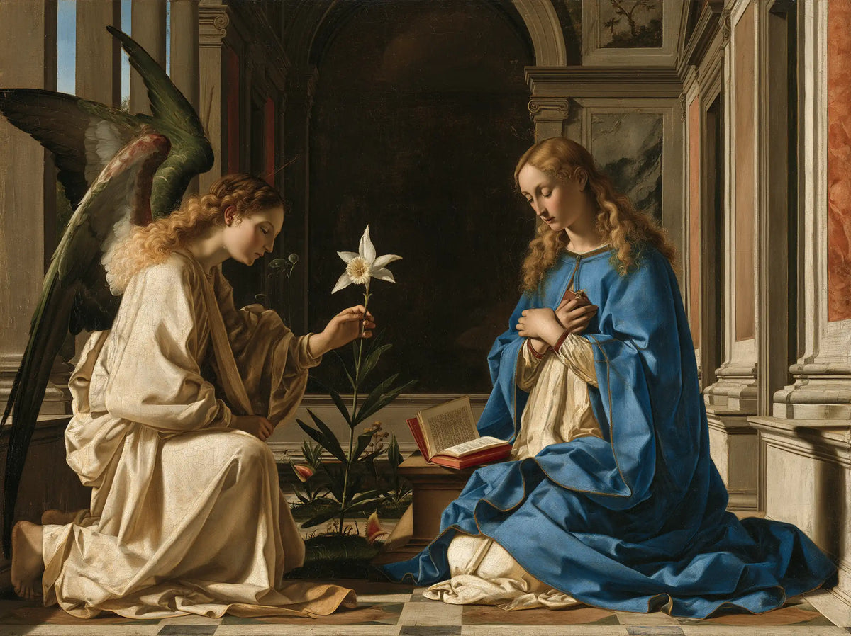 the Annunciation in Florentine Renaissance style in Florentine Renaissance style, landscape Christian artwork no. 2