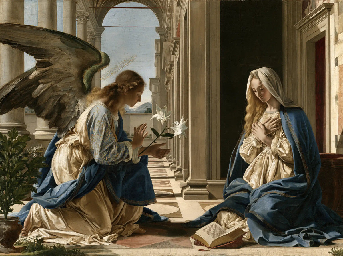 the Annunciation in Florentine Renaissance style in Florentine Renaissance style, landscape Christian artwork no. 3