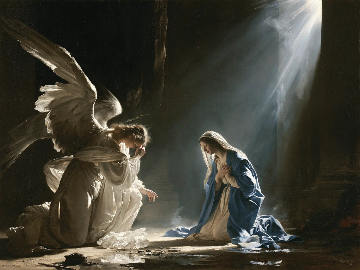 Gabriel in radiant light at the Annunciation in Gabriel in Radiant Light style, landscape Christian artwork no. 2