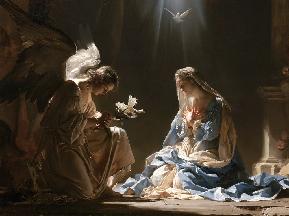 the Annunciation with the Holy Spirit in The Holy Spirit style, landscape Christian artwork no. 4