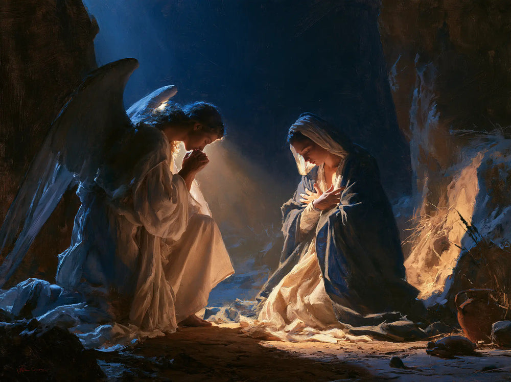 the Annunciation in midnight-blue chiaroscuro in Midnight Blue Chiaroscuro style, landscape Christian artwork no. 7