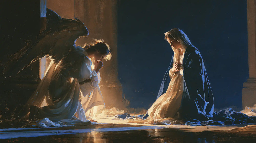the Annunciation in midnight-blue chiaroscuro in Midnight Blue Chiaroscuro style, landscape Christian artwork no. 16