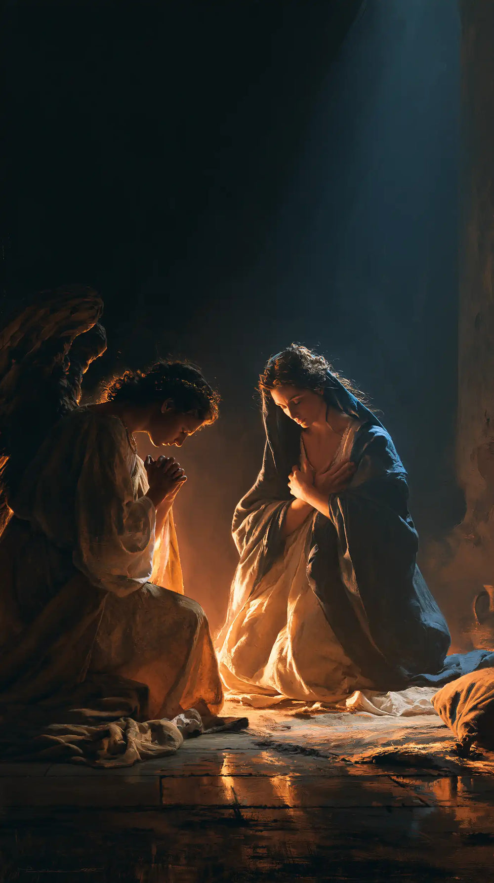 the Annunciation in midnight-blue chiaroscuro in Midnight Blue Chiaroscuro style, portrait Christian artwork no. 1