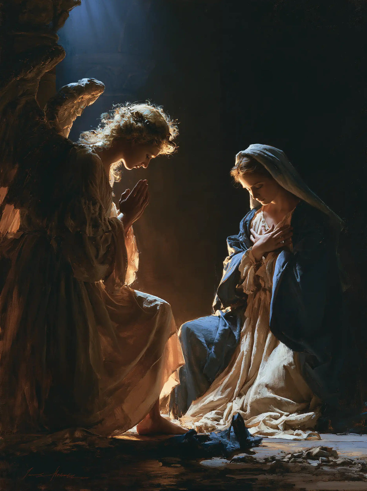 the Annunciation in midnight-blue chiaroscuro in Midnight Blue Chiaroscuro style, portrait Christian artwork no. 13