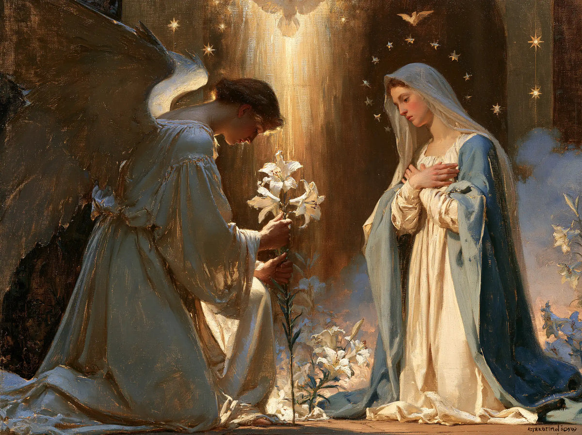 the Annunciation in a symbolist composition in Symbolist style, landscape Christian artwork no. 1