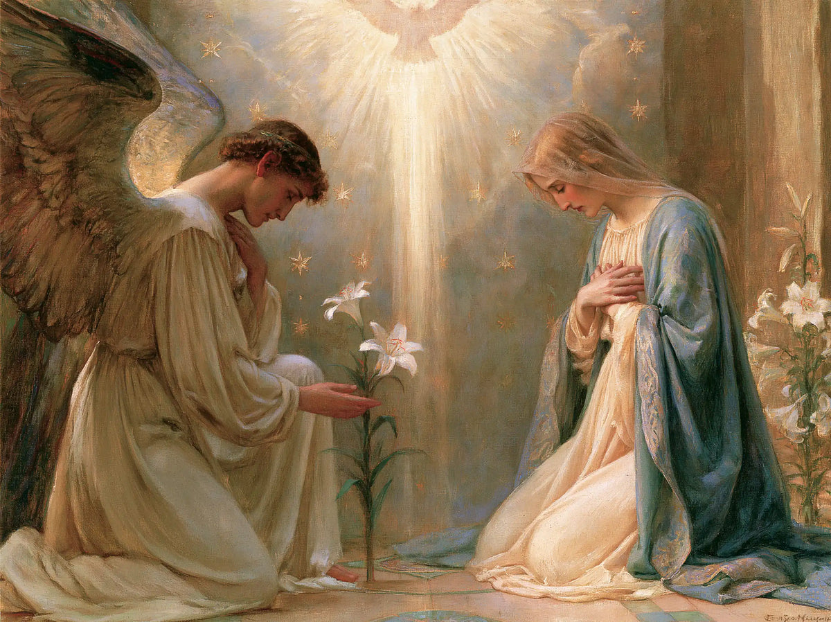 the Annunciation in a symbolist composition in Symbolist style, landscape Christian artwork no. 7