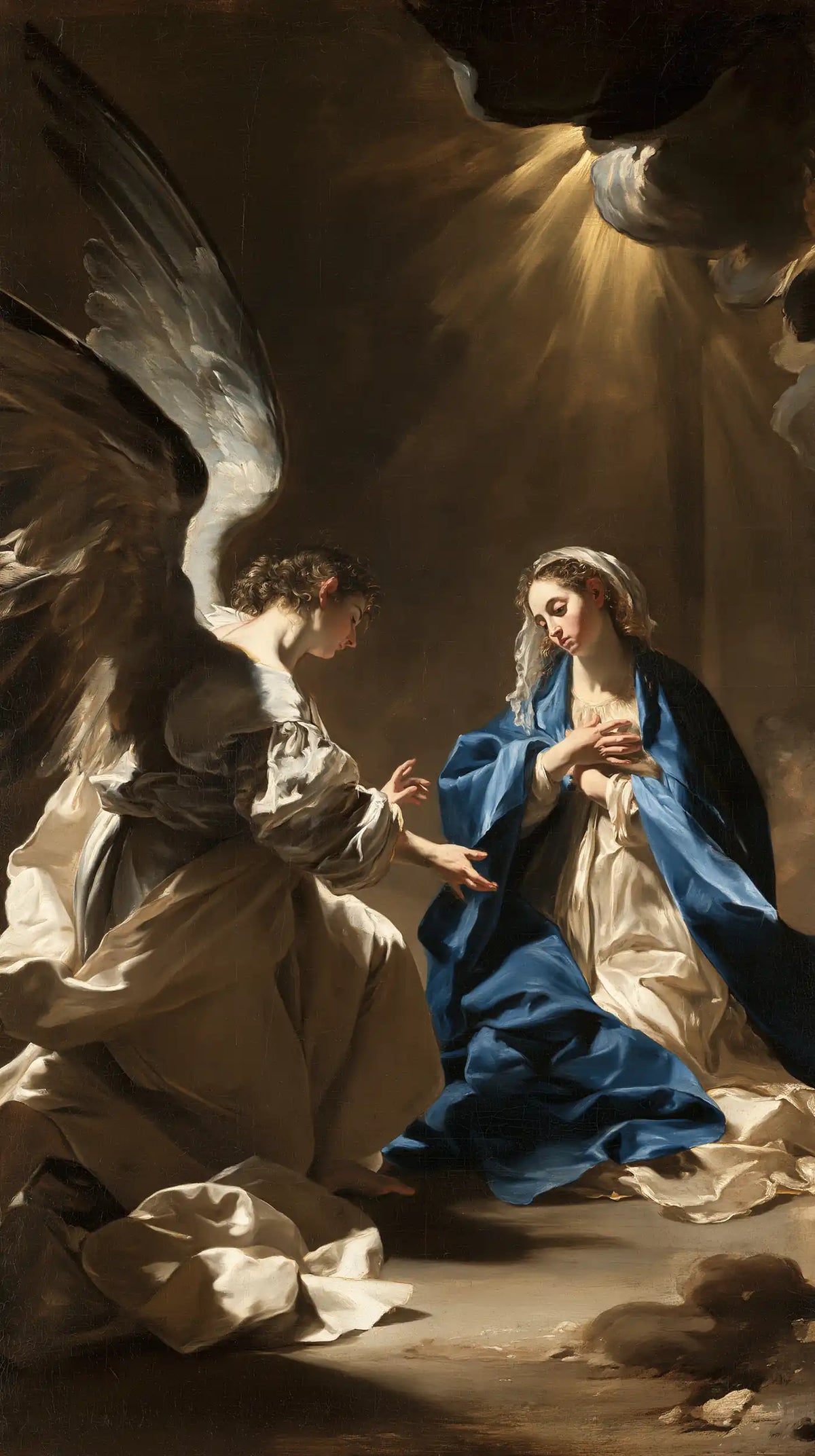 the Annunciation in a theatrical Baroque scene in Theatrical Baroque style, portrait Christian artwork no. 5