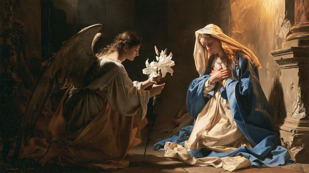the Annunciation with the white lily as a central symbol in The White Lily as Symbol style, landscape Christian artwork no. 17