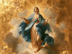 The Assumption of Mary — The Blue Gesture upon Patinated Gold