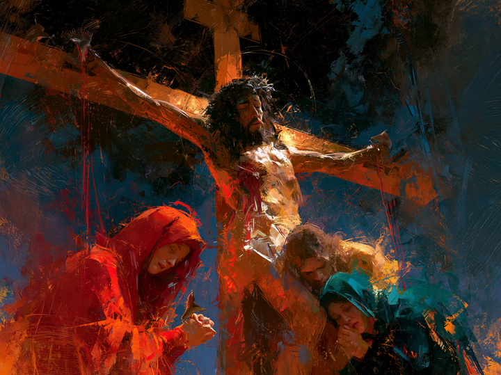 The Crucifixion — Clasped Hands in Vermilion Radiance