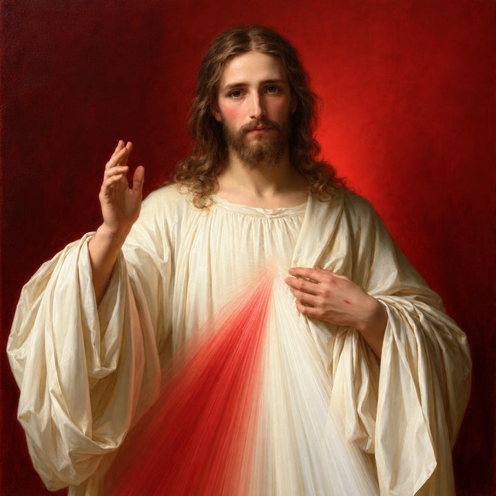 Divine Mercy Jesus – Blessing and Rays on Scarlet