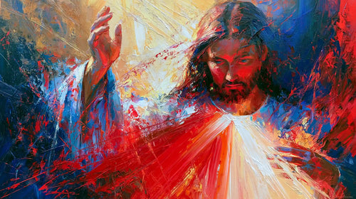 Jesus as Divine Mercy with red and pale rays, expressionist landscape Christian artwork