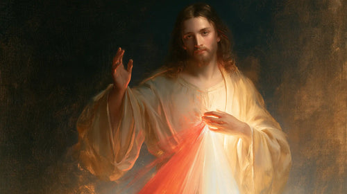 Divine Mercy Jesus approaching the faithful in Jesus Approaching the Faithful style, landscape Christian artwork no. 1