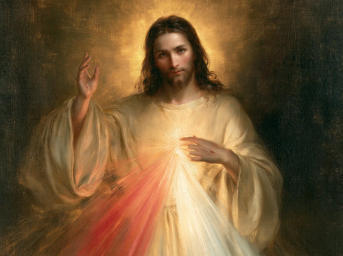 Divine Mercy Jesus raising his hand in blessing in Jesus Blessing style, landscape Christian artwork no. 4