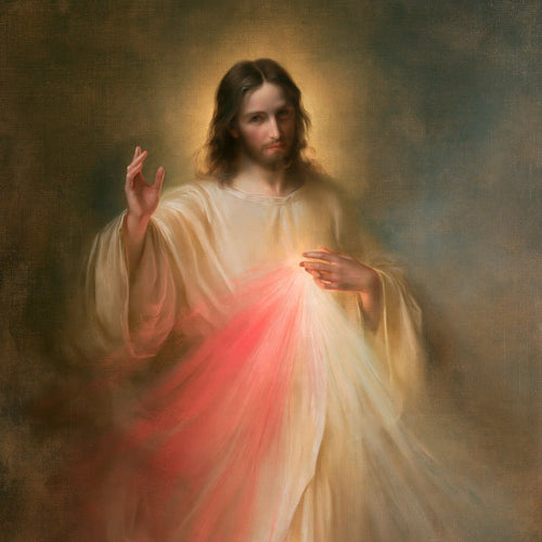 Divine Mercy Jesus raising his hand in blessing in Jesus Blessing style, square Christian artwork no. 2