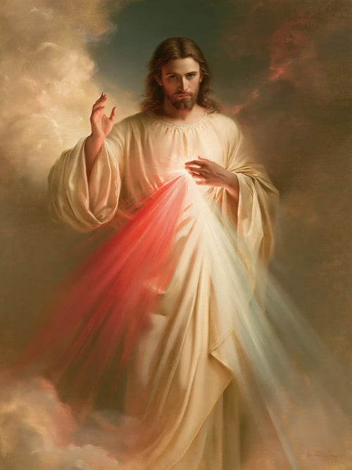 Divine Mercy Jesus appearing upon the clouds in Jesus upon the Clouds style, portrait Christian artwork no. 6