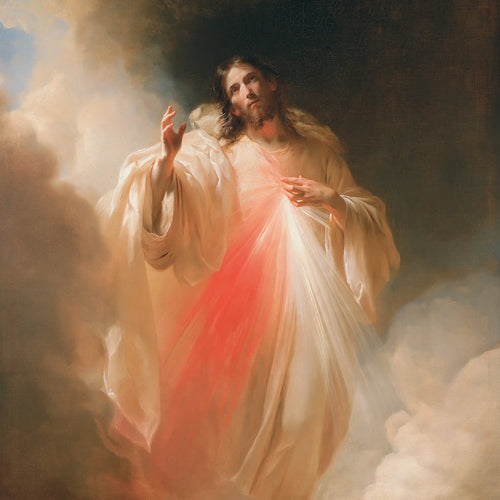Divine Mercy Jesus appearing upon the clouds in Jesus upon the Clouds style, square Christian artwork no. 1
