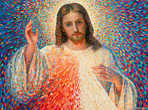 Jesus as Divine Mercy with red and pale rays, pointillist & neo-impressionist landscape Christian artwork
