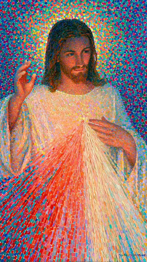 Jesus as Divine Mercy with red and pale rays, pointillist & neo-impressionist portrait Christian artwork