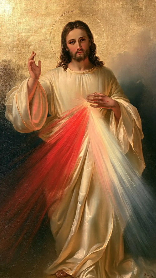 Divine Mercy Jesus with radiant red and pale rays in Rays of Mercy style, portrait Christian artwork no. 1