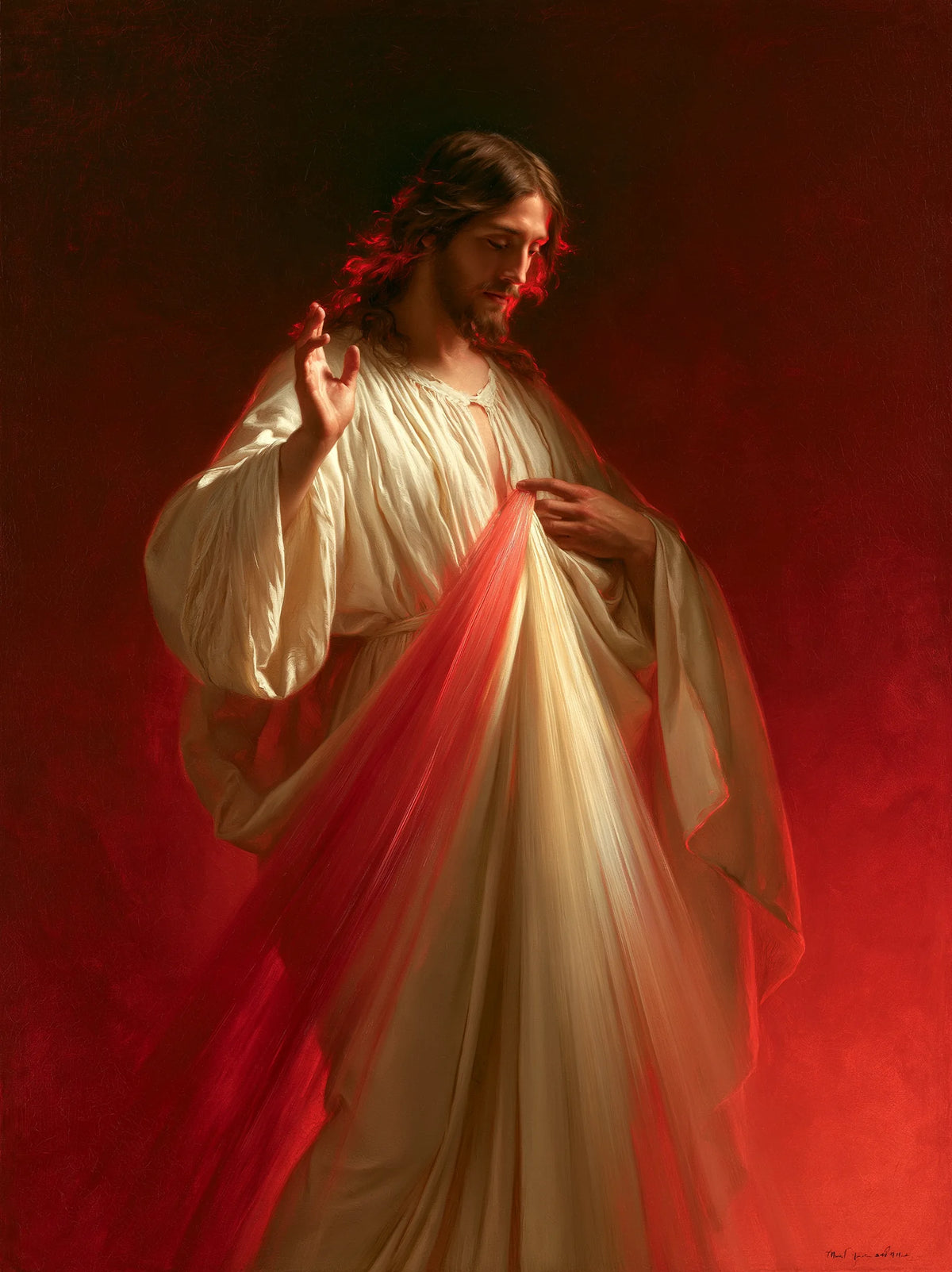 Divine Mercy Jesus – Robes and Rays in Burgundy Light