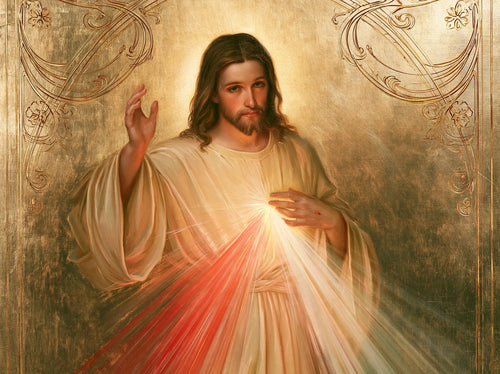Divine Mercy Jesus framed by sacred Art Nouveau ornament in Sacred Art Nouveau style, landscape Christian artwork no. 2
