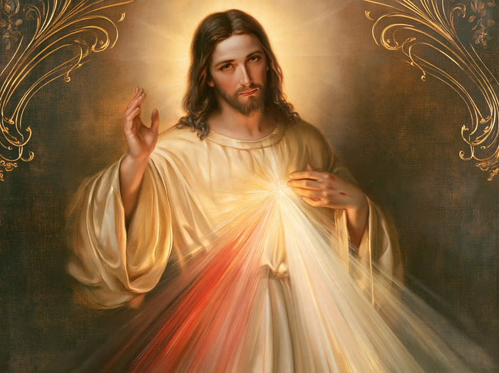 Divine Mercy Jesus — The Gaze Beneath Twin Scrolls