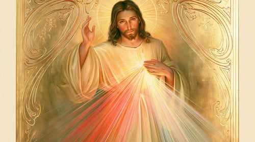 Divine Mercy Jesus framed by sacred Art Nouveau ornament in Sacred Art Nouveau style, landscape Christian artwork no. 10