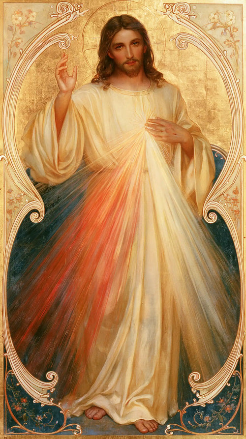 Divine Mercy Jesus framed by sacred Art Nouveau ornament in Sacred Art Nouveau style, portrait Christian artwork no. 8