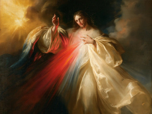 Divine Mercy Jesus in a theatrical Baroque scene in Theatrical Baroque style, landscape Christian artwork no. 1