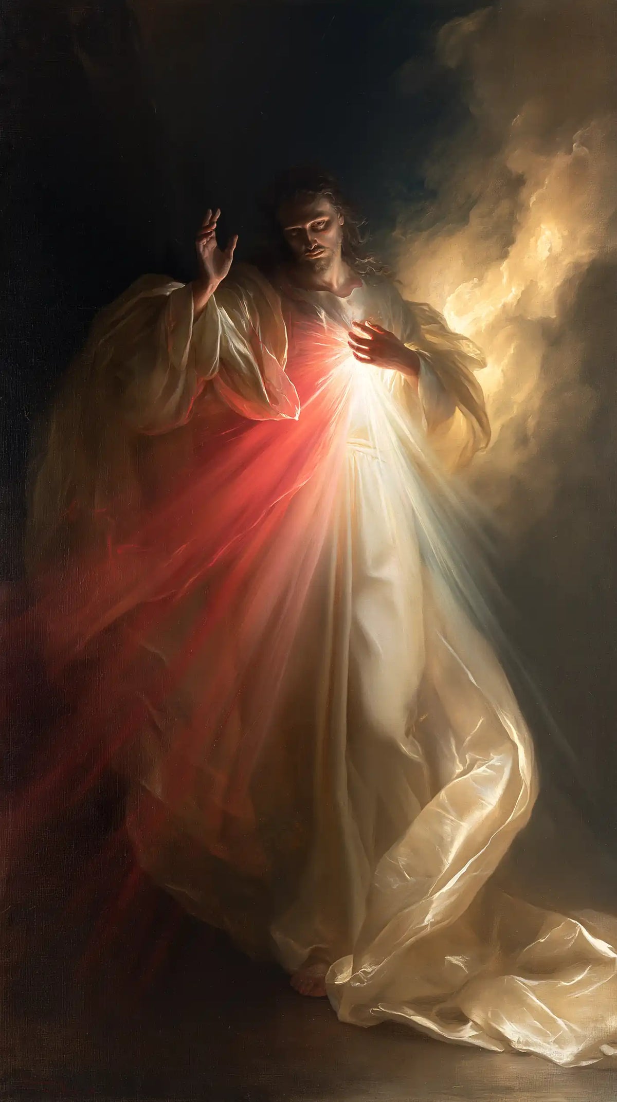 Divine Mercy Jesus — Satin at the Edge of Deep Night