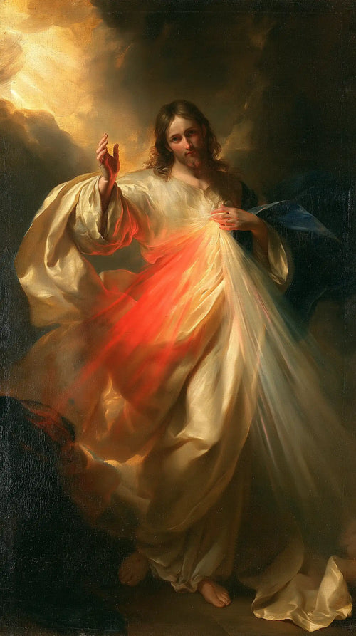 Divine Mercy Jesus in a theatrical Baroque scene in Theatrical Baroque style, portrait Christian artwork no. 4
