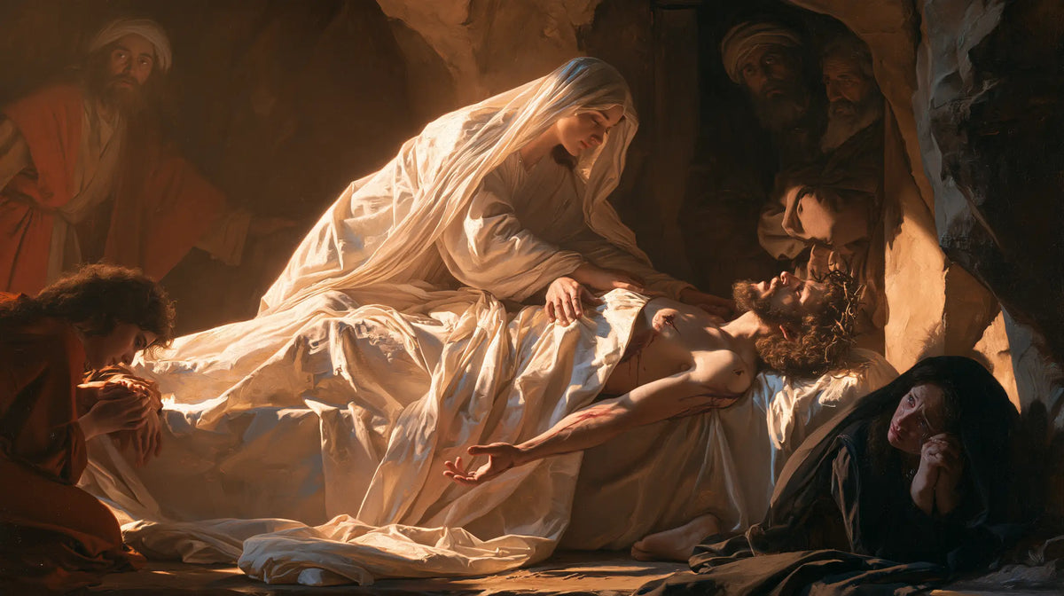Entombment of Jesus Christ in Intimate Mourning style, landscape Christian artwork no. 3