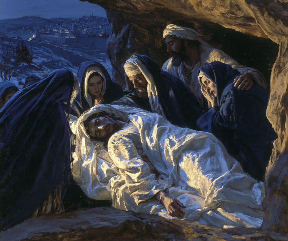 Entombment of Jesus Christ in Midnight-blue Chiaroscuro style, landscape Christian artwork no. 2