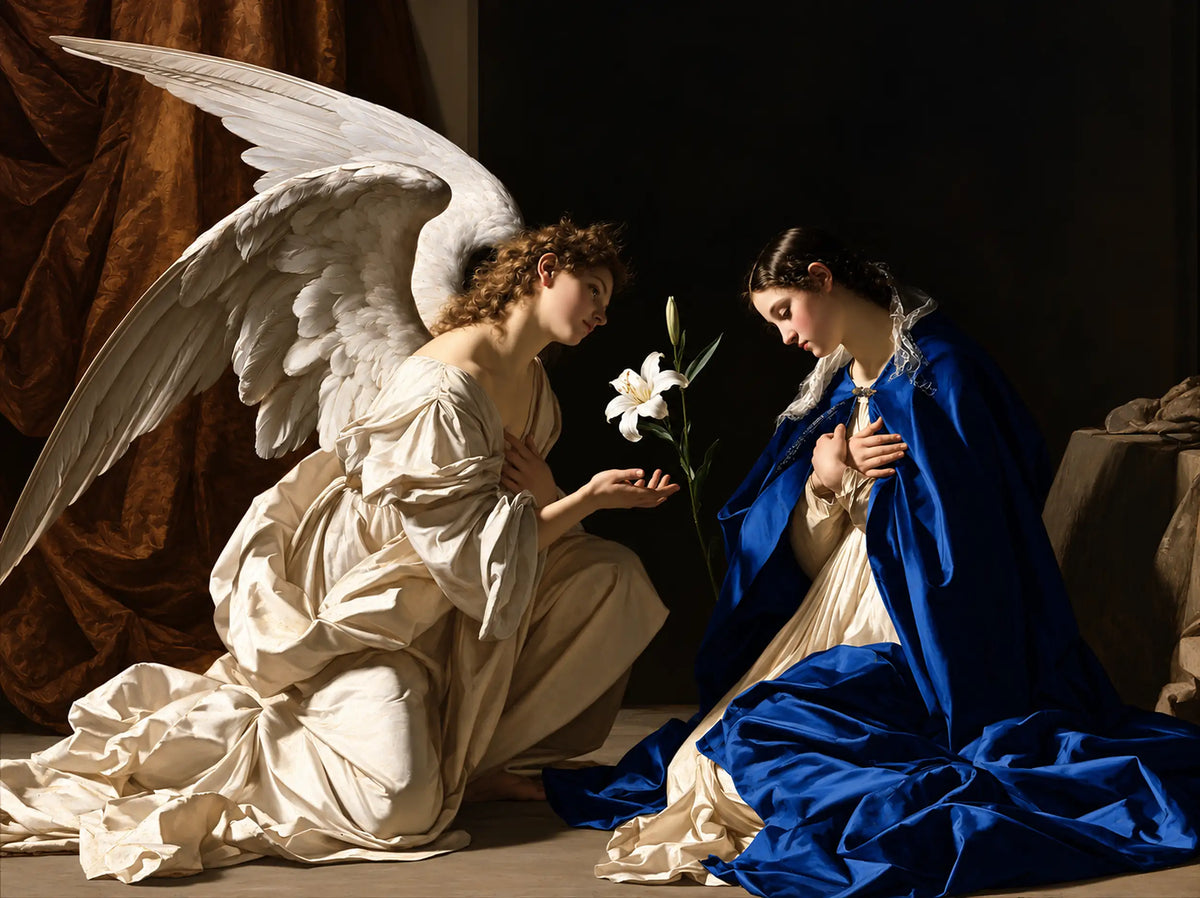 Gabriel's Lily beside the Folded Blue Mantle – Caravaggio-Inspired Tenebrist Art · Landscape