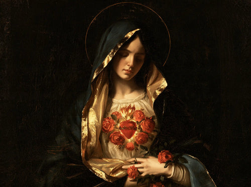 the Immaculate Heart of Mary in black and gold in Black and Gold style, landscape Christian artwork no. 9